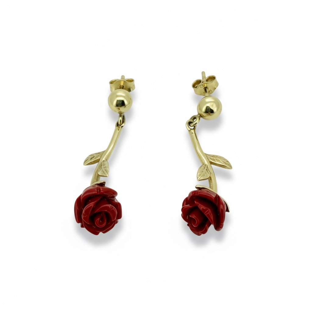 Earrings Red flower 14 KT Weight 3.1gm
