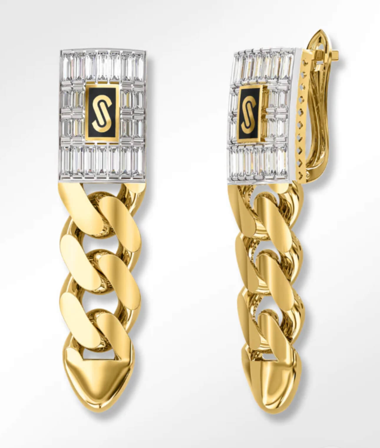 Earrings Monaco chain 10k Baguette Lock Weight 5.4GM